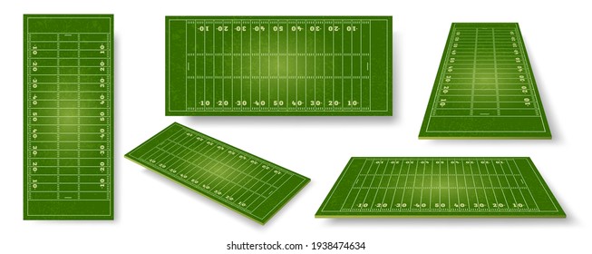 American Football Field. Realistic Ball Sport Pitch Sheme With Zone Markings. Stadium Grass Court Perspective, Side And Top View Vector Set