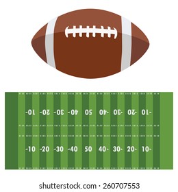 American football field, stadium and brown ball, green grass, national sport