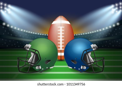 American football final match concept. Silver and green Helmets and football on field of stadium with spotlight background. Vector Illustration.