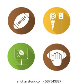 American football flat design long shadow icons set. Hand holding rugby ball, goal sign, sideline markers. Vector silhouette illustration
