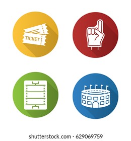 American football flat design long shadow icons set. Fans foam finger, game tickets, baseball arena, field scheme. Vector silhouette illustration