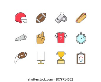 American football flat line colored icons set with helmet, ball, whistle, hotdog, bullhorn, fun foam finger, jersey, stopwatch, trophy cup.