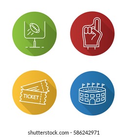 American football flat linear long shadow icons set. Foam finger, game tickets, baseball arena, goal sign. Vector line illustration