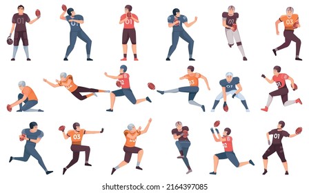 American football flat set with male characters of players in uniform in motion during match isolated vector illustration