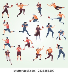 American football flat set with male characters of players in uniform in motion during match isolated vector illustration