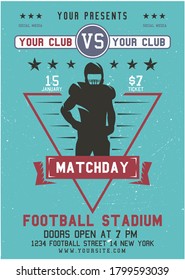 American football flyer. Matchday poster template with football player, elements and text. Sports banner for ads and games invitations. Rugby brochure designs. Stock vector illustration