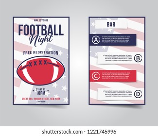 American football flyer. Sports party night layout, brochure. Modern professional poster. Rugby game event invitation. Stock vector template isolated on grunge background.