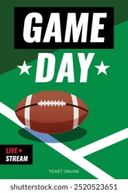 American football game day background. Simple flat style vector illustration. Green football field banner. Design concept for a flyer or poster. Sports theme. Competition championship concept