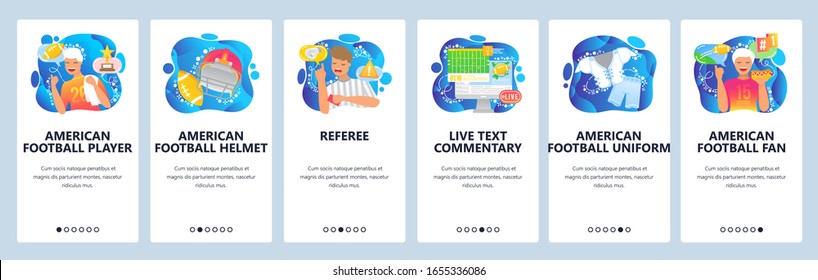 American football game player, referee, sport uniform, football helmet. Mobile app onboarding screens. Menu vector banner template for website and mobile development. Web site design illustration.