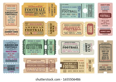 American Football Game Tickets Vector Set With Sport Ball. Championship Cup Match Admit One Coupons, Competition Event Of Stadium Or Sporting Arena Retro Invitations Or Access Cards