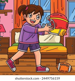 American Football Girl with Helmet Colored Cartoon