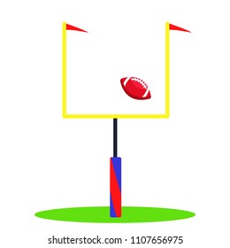 American football goal with red flags and flying ball. Modern flat cartoon style vector illustration 