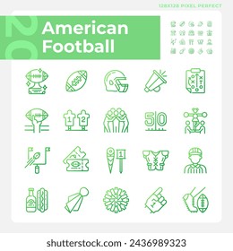 American football gradient linear vector icons set. Sport equipment. Team game. Game day. Football match symbols. Thin line contour symbol designs bundle. Isolated outline illustrations collection