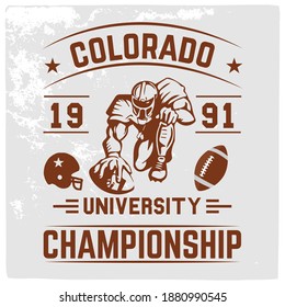American football graphic, print design for t shirt. Vintage style College vector label and print design for t shirt or apparel. Retro artwork and typography.