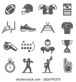 American football, gridiron bold black silhouette icons set isolated on white. Sport equipment, ball, helmet pictogram collection. Cheerleader, scoring, prize cup vector element for infographic, web.