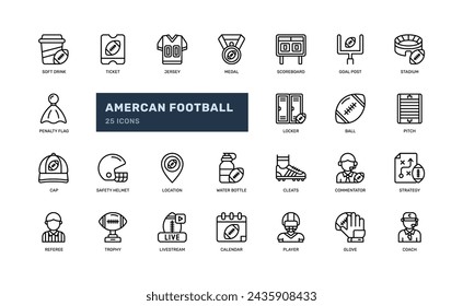 american football gridiron rugby sport competition detailed outline line icon set