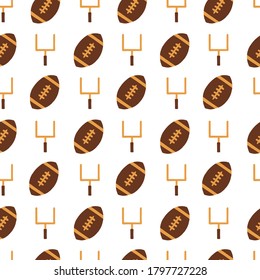 American Football hand drawn seamless vector pattern with collection of sports equipment. Repeating background with goal posts and footballs. For fabric, packaging, super bowl party invitation, flyer