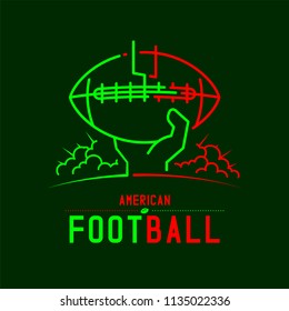 American football with hand holding ball and goal post logo icon outline stroke set dash line design illustration isolated on dark green background with football text and copy space