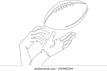 American football. Hands reach for the football and rugby ball in the game. Throwing and catching the ball. One continuous drawing line  logo single hand drawn art doodle isolated minimal illustration