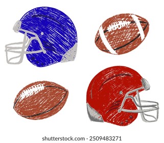 Capacete de futebol americano e giz de bola texturizado. Coleção de elementos esportivos de textura de lápis. Ícone de desenho à mão de criança. Conjunto de lápis-de-cera à mão livre desenhado ilustração vetorial isolado no fundo branco