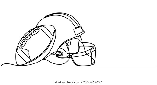 American football helmet and ball continuous line drawing element isolated on white background for decorative element. Vector illustration of gridiron in trendy outline style, Single continuous line