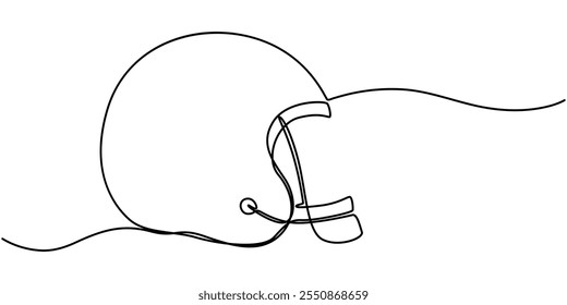 Capacete de futebol americano e bola elemento de desenho de linha contínua isolado no fundo branco para elemento decorativo. Ilustração vetorial de gridiron em estilo de contorno na moda, linha contínua única