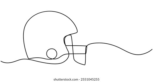 American football helmet and ball continuous line drawing element isolated on white background for decorative element. Vector illustration of gridiron in trendy outline style, Single continuous line
