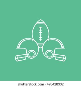 American Football Helmet And Ball Emblem Line Icon On Green Background