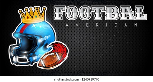 American football helmet with crown and ball beside on horizontal background.