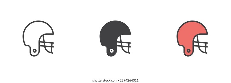 American Football Helm anders Stil Symbol Set. Linie, Glyph und gefüllte Umrissversion, Umriss und ausgefülltes Vektorzeichen. Symbol, Logo-Abbildung. Vektorgrafik