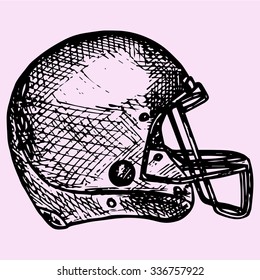 American football helmet, doodle style, sketch illustration, hand drawn, vector