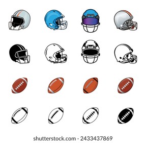 American Football And Helmet Illustrations Vector Elements With Clip Art. American Sport competition Ball Element.