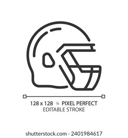 American football helmet linear icon. Football gridiron uniform element. Head safety. Headgear accessory. Thin line illustration. Contour symbol. Vector outline drawing. Editable stroke