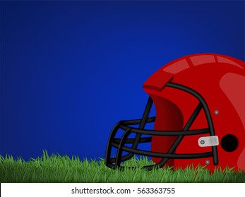 American football helmet on grass field of stadium with blue sky. This design for sport match template , banner in vector format