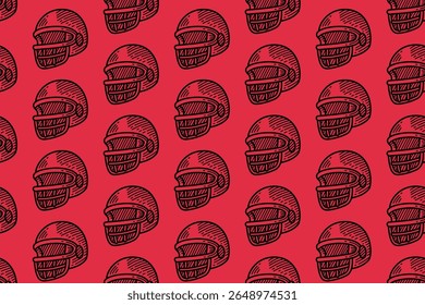 padrão de capacete de futebol americano no fundo. vintage esportes chapelaria repetir padrão sem costura papel de parede. fundo vermelho com rúgbi face guard ilustração de contorno para esporte temático mercadoria.