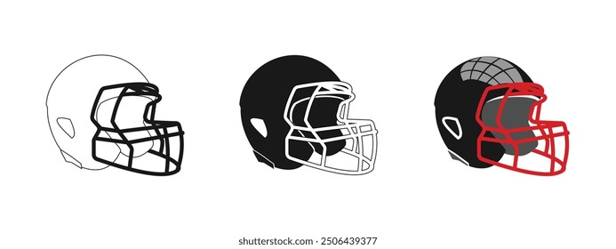 Casco de fútbol americano, pelota de rugby, equipo deportivo, disponible en el contorno, negro y coloreado, Vector editable eps 10.