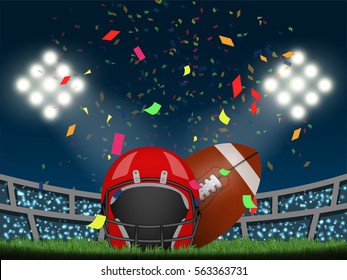 American Football Helmet And Rugby Ball In Stadium With Confetti, Crowded Fans And Spotlight. Design For Sport Competition Template In Vector Illustration