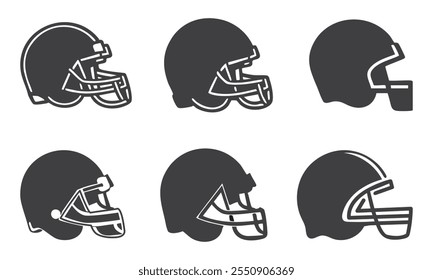 American Football Helmet Set Icon Silhouette, Flat Black Vector Design