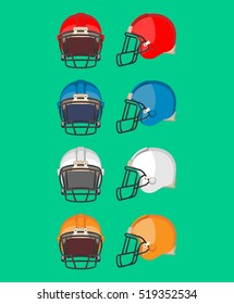 American football helmet set. Piece of protective equipment used mainly in American football and Canadian football. Sport helmets collection of different colors. Flat style design. Vector illustration