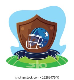 american football helmet in shield with ribbon vector illustration design