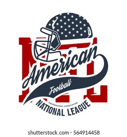 American football helmet tee print vector design isolated on white background. Superior United States flag emblem. Premium quality t-shirt rugby retro sport logo concept.