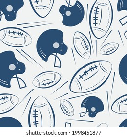 American Football And Helmet Vector Seamless Repeat Pattern In Navy Blue.