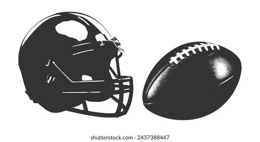 american football and helmet. vintage. black isolated white background