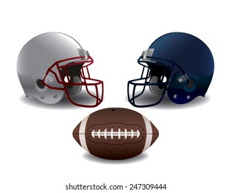 American football helmets and ball isolated on white illustration. Vector EPS 10. EPS file contains transparencies and gradient mesh.