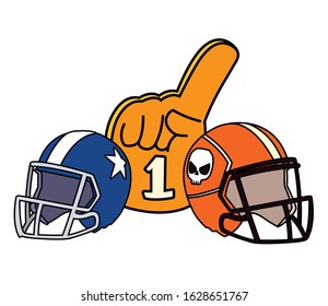 american football helmets and hand gloves on white background vector illustration design