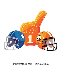 american football helmets and hand gloves on white background vector illustration design