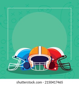 american football helmets on green background