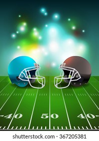 American football helmets on stadium field illustration. Vector EPS 10 available. EPS contains transparencies and gradient mesh.