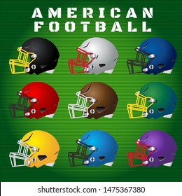 American football helmets team in various colors