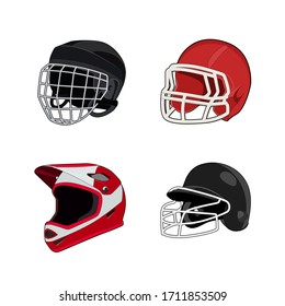 American Football, Eishockey, Baseball, Motorrad-Uniform Helm. Rugby-Kopfschutzausrüstung. Vektorillustration einzeln. 